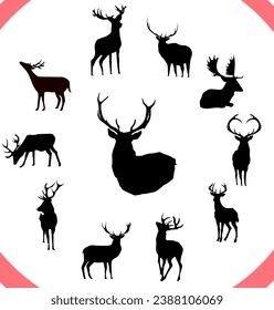A collection of 11 deer silhouettes eps10 isolated over white background.Elements of sitting and standing deer with different postures ready to use and editable for various artworks.Eps10 vectors icon