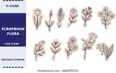 A collection of 11 elegant line art floral icons perfect for scrapbooking, digital art projects, and creative designs with a clean and modern aestheti