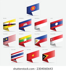 A collection of 11 flags of southeast Asia countries diagonally flags in vector format that can be used for website, infographics, and more.