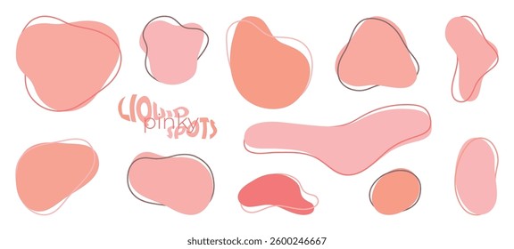 Collection of 11 Pink Abstract Background Spots, irregular liquid blob shapes set for brand style design, trendy graphic elements for smooth wavy backdrops.