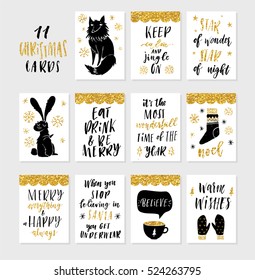 Collection of 11 stylish black gold and white New year and Merry Christmas gift cards. Set of cute printable hand drawn holiday posters flyers greeting postcards tags templates. Vector seasonal design