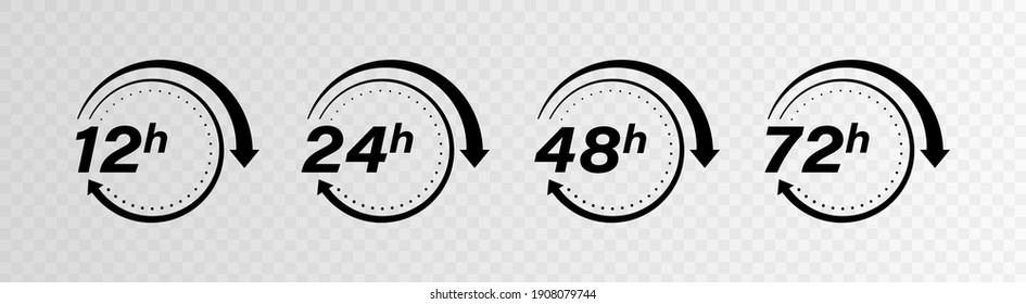 Colección 12, 24, 48 y 72 horas iconos vectoriales de flecha de reloj. Diseño para el servicio de entrega, pedido, negocio, ilustración vectorial.