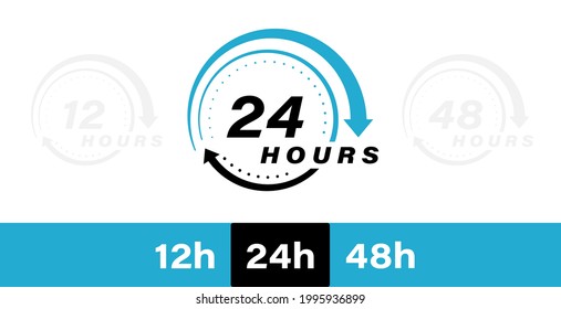 Colección 12, 24 y 48 horas iconos vectoriales de flecha de reloj. Diseño para el servicio de entrega, pedido, negocio, ilustración vectorial.