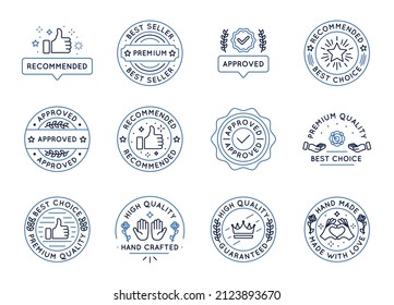 Collection of 12 bestseller icons and logos. Labels, stickers with crown and thump up. Sale stickers for social media. Vector illustration