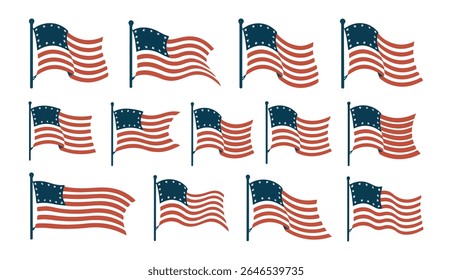 A collection of 12 Betsy Ross American flags, each depicted waving on a flagpole against a white background, showcasing historical patriotism and national pride.