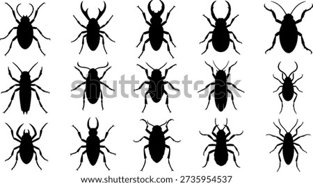 A collection of 12 black beetle silhouettes arranged in three rows of four against a white background
