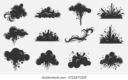 Colección de 12 ilustraciones de nubes negras y salpicaduras sobre un fondo blanco, que varían en forma y diseño.