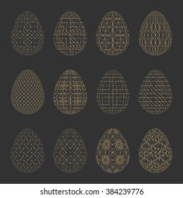Collection of 12 black Easter eggs icon with golden pattern.Easter eggs isolated,Easter holidays gemetric design sign.Easter,eggs,holidays greeting.Linear style.Vector illustration. Isolated on black