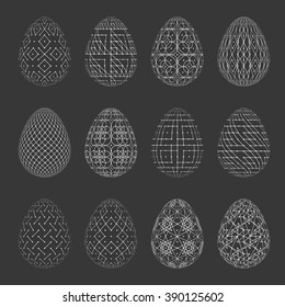 Collection of 12 black Easter eggs icon with white pattern.Easter eggs isolated,Easter holidays gemetric design sign.Easter,eggs,holidays greeting.Linear style.Vector illustration. Isolated on white
