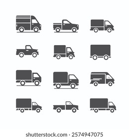 A collection of 12 black silhouette icons featuring various types of utility and cargo vehicles, including delivery vans, pickup trucks, and covered trucks