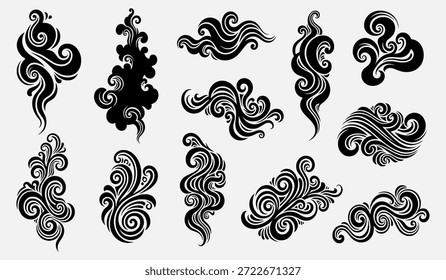 Collection of 12 black swirling patterns on a white background, varying in design and complexity.