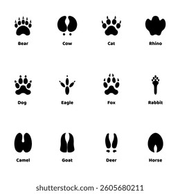 A collection of 12 black vector icons representing various animal footprints, including bear, cat, dog, eagle, deer, and more. Designed in a minimalist silhouette style for easy identification.