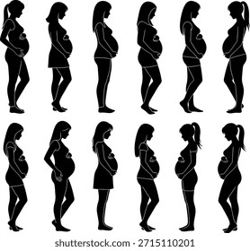 Colección de 12 siluetas de Vector negro de mujeres embarazadas de perfil. Los iconos ilustran a las mujeres embarazadas y las diversas etapas del embarazo y la maternidad