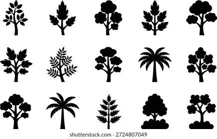 Una colección de 12 siluetas de Vector negro de varios árboles y plantas, ideal para proyectos de diseño e ilustración