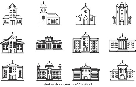 A collection of 12 black and white architectural sketches of various buildings and structures