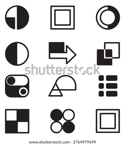 A collection of 12 black and white geometric shapes on a pure white background, including circles, squares, rectangles, and abstract designs, creating a visually appealing composition of simple yet in