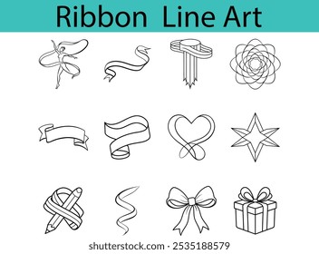 A collection of 12 black and white line art illustrations depicting various ribbon designs, including a dancer, a heart, a star, a bow, a gift, and more.