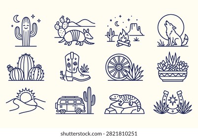 A collection of 12 blue line illustrations depicting desert landscapes, wildlife, and western-themed icons on a white background