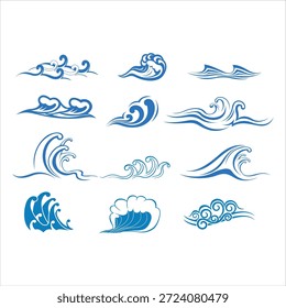 Collection of 12 blue ocean wave illustrations in various styles on white background