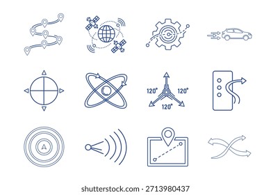 Eine Sammlung von 12 blauen Umriss-Vektorsymbolen, die sich auf Navigation, GPS, Mapping und Location Services beziehen. Mit Symbolen für Routenplanung, globale Satellitenkommunikation, Getriebemechanismus, Autoverfolgung