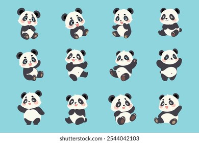 A collection of 12 cartoon pandas with different expressions, showcasing their playful and endearing nature.