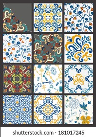 Collection of 12 ceramic tiles, orange-blue style