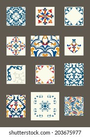 Collection of 12 ceramic tiles, orange-blue style 