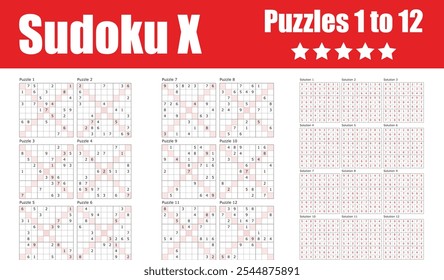 Eine Sammlung von 12 herausfordernden Sudoku X-Rätsel mit Lösungen, in einem klaren, organisierten Format angeordnet. Perfekt für Puzzle-Enthusiasten und Gehirnspiel-Liebhaber, die fortgeschrittene Sudoku-Raster suchen.