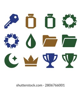 A collection of 12 clean, flatdesign vector icons arranged in a grid, featuring a key, bottles, gear, leaf, folders, moon, crown, and trophies on a white background.