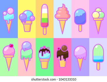 Collection of 12 colorful flat vector ice cream illustrations. Multicolor background.