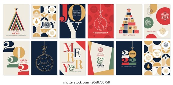 Collection of 12 colorful full vector templates for Merry Christmas and Happy New Year greeting cards. 2022 new year eve celebration cards.