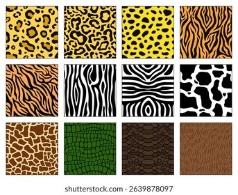 Collection of 12 colorful seamless animal patterns: zebra, tiger, leopard, jaguar, cheetah, crocodile, snake, bear, cow, giraffe.