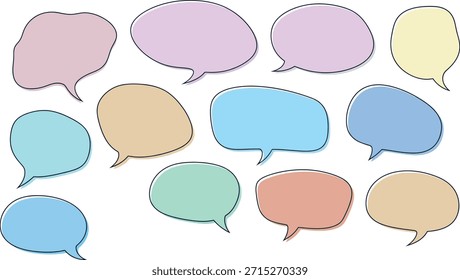 Una colección de 12 coloridas burbujas de discurso en diferentes colores pastel, incluyendo rosa, púrpura, azul, verde y amarillo, dispuestas en tres filas sobre un fondo blanco liso.