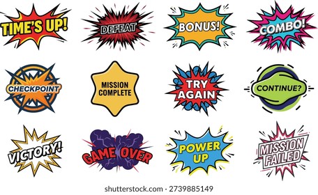 A collection of 12 comic book style speech bubbles and action words in various colors and fonts