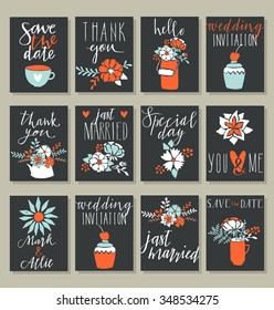 Collection of 12 cute card templates. Wedding, marriage, save the date, baby shower, bridal, birthday, Valentine's day. Stylish simple design. Vector illustration. Poster template.