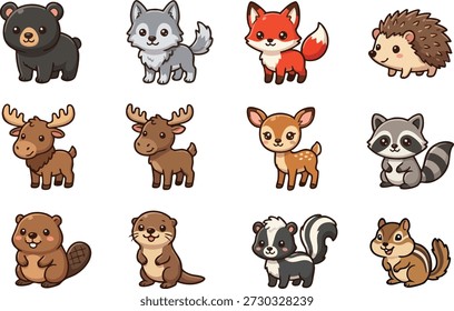 Una colección de 12 lindos animales de dibujos animados del bosque y del bosque aislados en un fondo blanco. El set de Ilustración vectorial incluye un oso negro, lobo, zorro rojo, erizo, dos alces (alces), un cervatillo venado, mapache, castor, nutria marina, zorrillo y una ardilla en un estilo plano y de Ilustración vectorial perfecto para diseños infantiles o contenidos educativos.