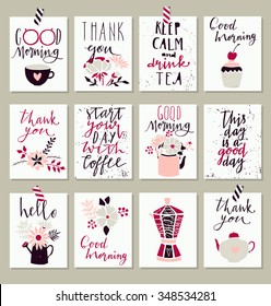 Collection of 12 cute good morning card templates. Can be use for valentine's day, wedding, marriage, save the date, baby shower, bridal, birthday. Stylish simple design. Vector. Poster template.