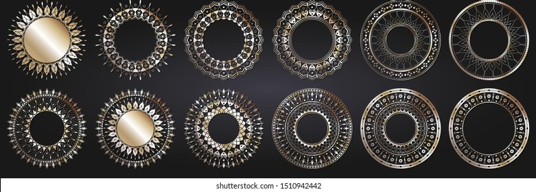Collection of 12 decorative openwork gold round frames with abstract floral pattern. Circular ornament. Elegant elements for design. Vector.