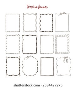 Collection of 12 decorative whimsical frames with bows in coquette style. Vector hand drawn graphic set.