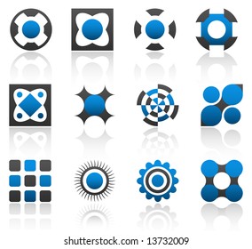 Collection of 12 design elements and graphics in blue and gray color. Part 1.