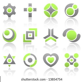 Collection of 12 design elements and graphics in green and gray color. Part 4.