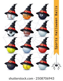 Collection of 12 different Halloween sports balls with a Witch hat for your creative work. Vector illustration.