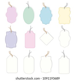 Collection of 12 differents shaped gift labels with string on isolated background