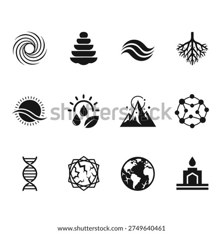 A collection of 12 distinct icons representing elements of nature, science, and abstract concepts.