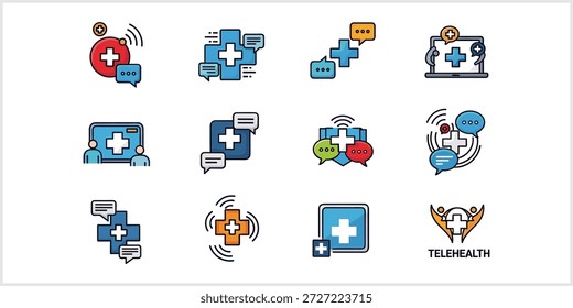 Una colección de 12 iconos vectoriales distintos que ilustran conceptos relacionados con la atención médica remota, con cruces médicas, burbujas de chat, señales inalámbricas, computadoras portátiles y figuras humanas, que simbolizan la telemedicina, las consultas en línea y los servicios de salud digital