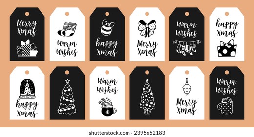 Collection of 12 doodle craft gift tags. Handwriting lettering and hand drawn Christmas elements.