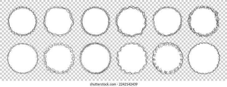 Collection of 12 doodle frames with black hand drawn borders isolated on transparent background. Template of linear vector round frames with blank white space inside. Scribble sketchy editable circles