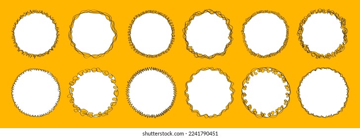 Collection of 12 doodle sketchy frames with black scribble hand drawn borders isolated on bright yellow background. Template of linear vector round frames with blank white space inside.