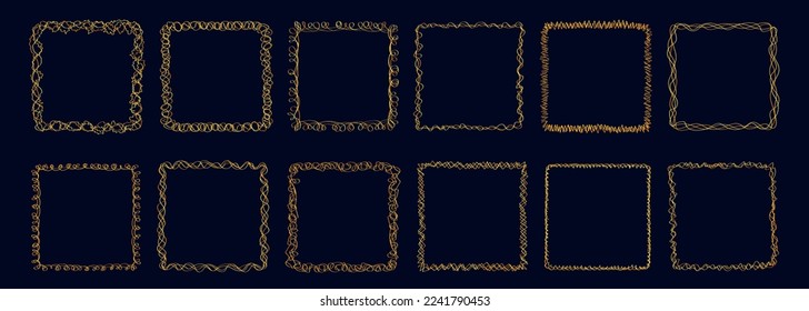 Collection of 12 doodle sketchy frames with luxury golden hand drawn borders isolated on dark blue background. Template of linear vector square frames with empty space inside.