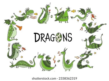 Collection of 12 Dragons isolated on white, horizontal card. Symbol of Chinese New Year 2024. Vector illustration